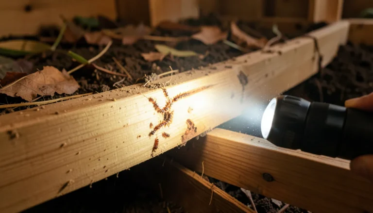 Flashlight illuminating termite damage inside a wooden floor joist during inspection