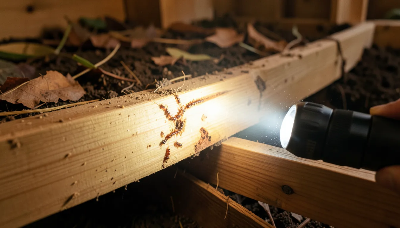 Flashlight illuminating termite damage inside a wooden floor joist during inspection