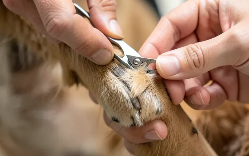 Trimming a dog's nails Close-up of trimming a dog paw nail with small clippers