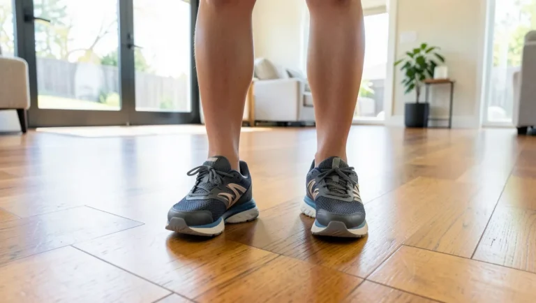 Feet in supportive cushioned shoes standing on a hardwood floor