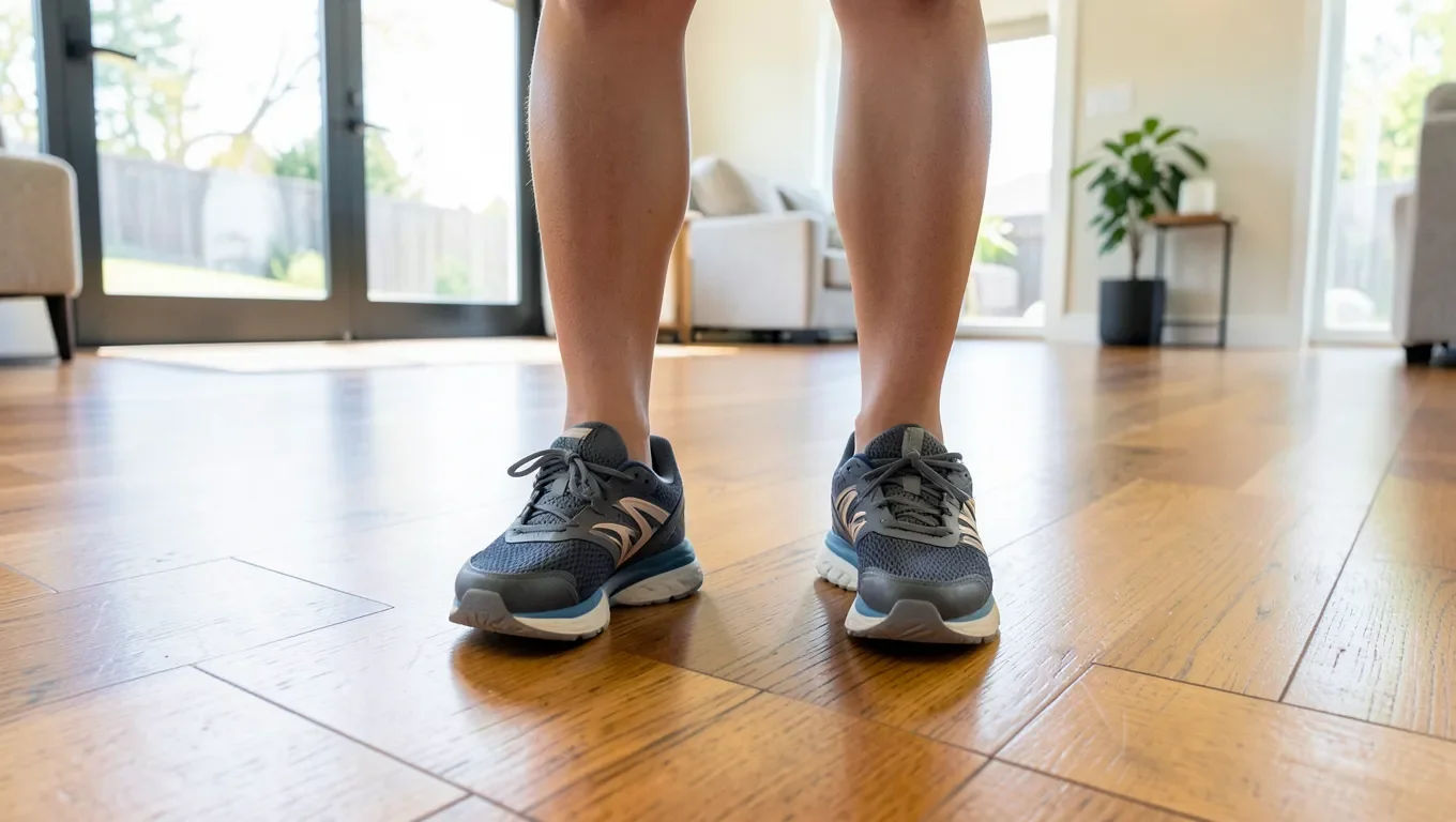 Feet in supportive cushioned shoes standing on a hardwood floor