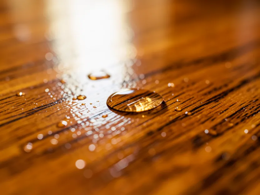 Water droplet beading on a sealed hardwood floor finish during a quick moisture test