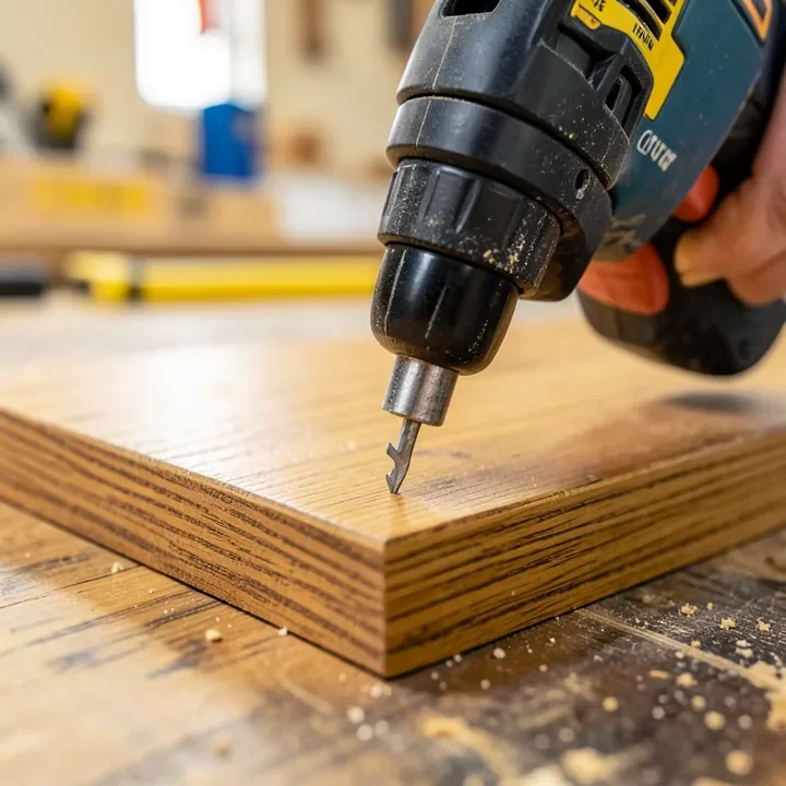 pneumatic flooring nailer driving an L-cleat into 3/4 inch oak hardwood tongue