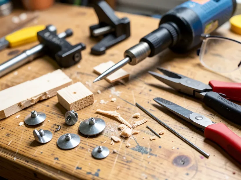 Materials and tools laid out for building a drill-powered wire stripping machine: wood scraps, blade wheel parts, drill, clamps, pliers, and safety glasses
