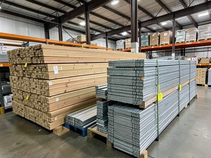 Stacked bundles of wood lumber studs and galvanized metal studs at a building supply warehouse