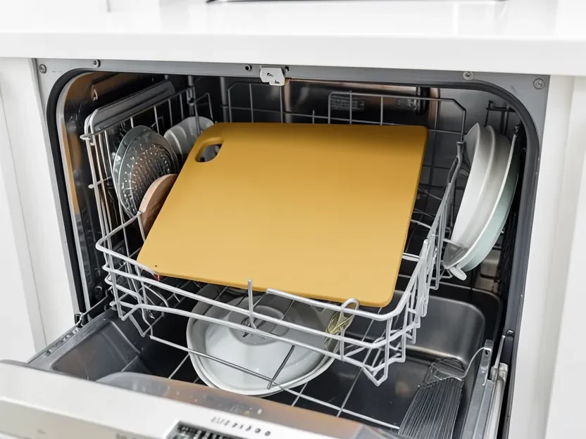 A wood fiber composite cutting board placed in the top rack of a dishwasher