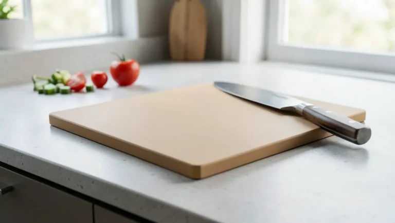 A wood fiber composite cutting board on a kitchen counter next to fresh vegetables