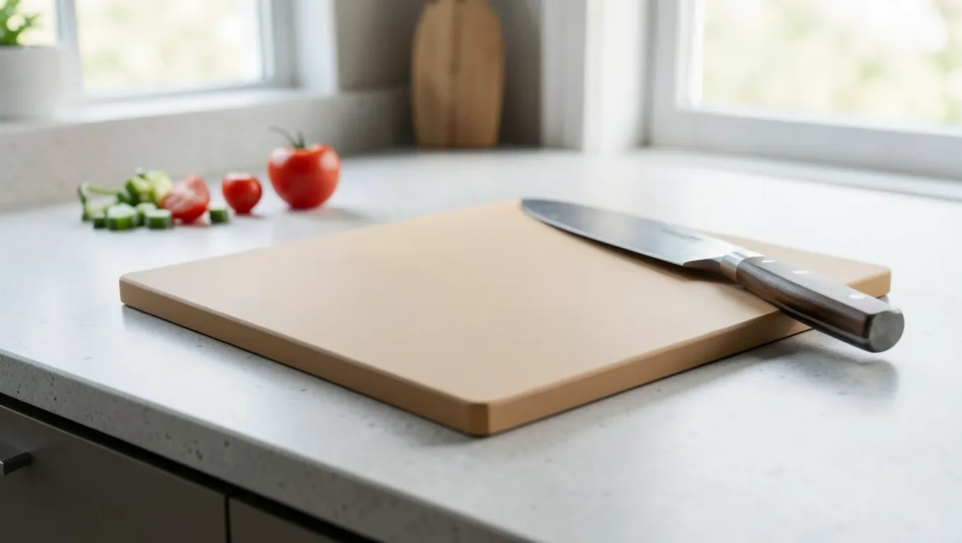 A wood fiber composite cutting board on a kitchen counter next to fresh vegetables