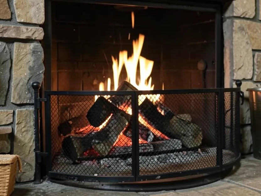 A wood fire burning in a stone fireplace behind a fire screen