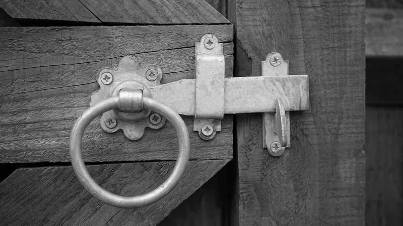Galvanized ring latch mounted on a plank wood gate Galvanized ring latch mounted on a plank wood gate