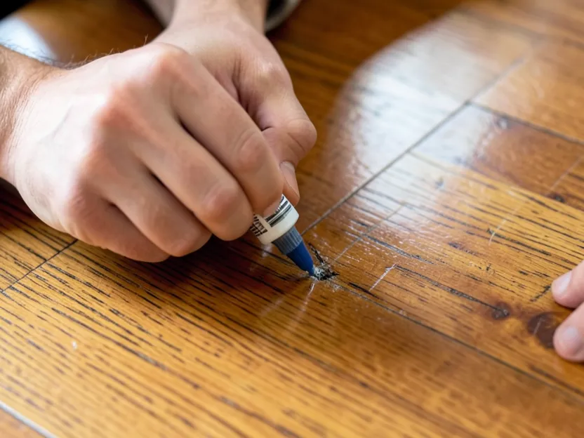Applying a wood touch-up marker to a scratch on a hardwood floor