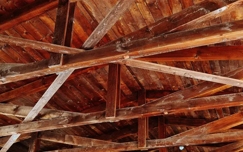 Wood plank ceiling with exposed beams, shown before sanding and finishing Wood plank ceiling with exposed beams, shown before sanding and finishing