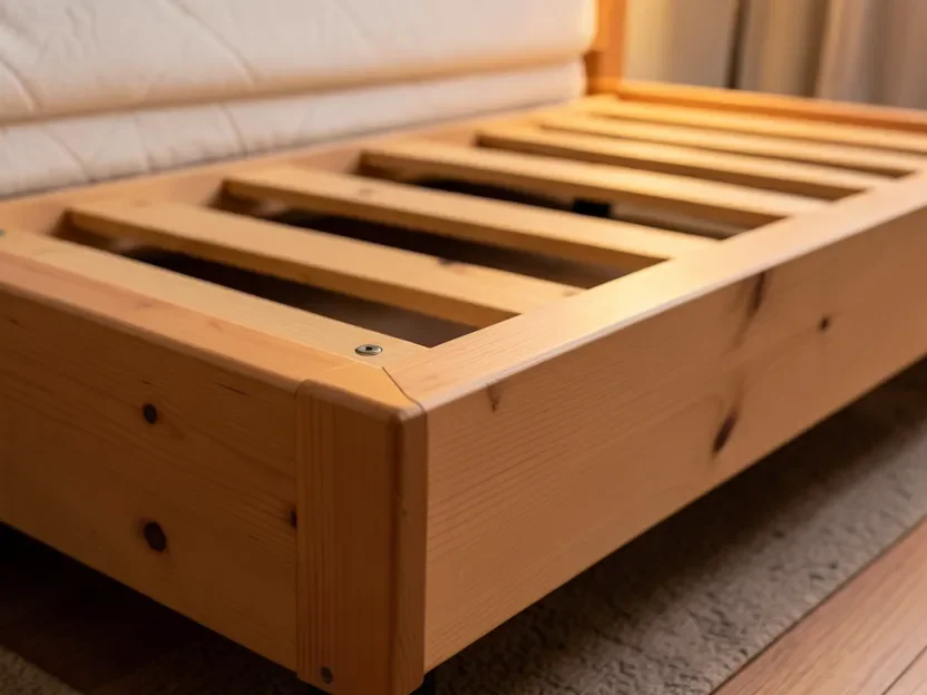 Close-up of a solid wood slat box spring foundation frame