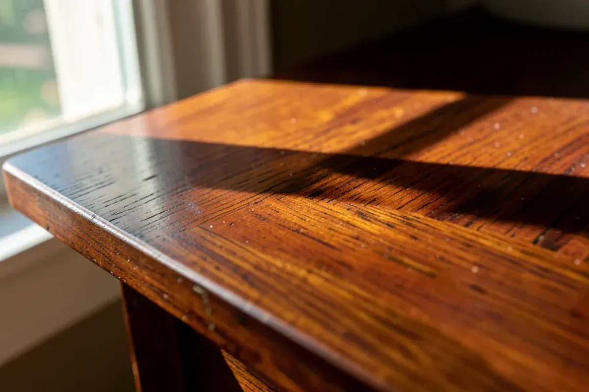 Wood tabletop in direct sunlight showing how UV exposure deepens or mellows wood color over time
