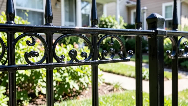 Freshly painted glossy black wrought iron fence with scrollwork