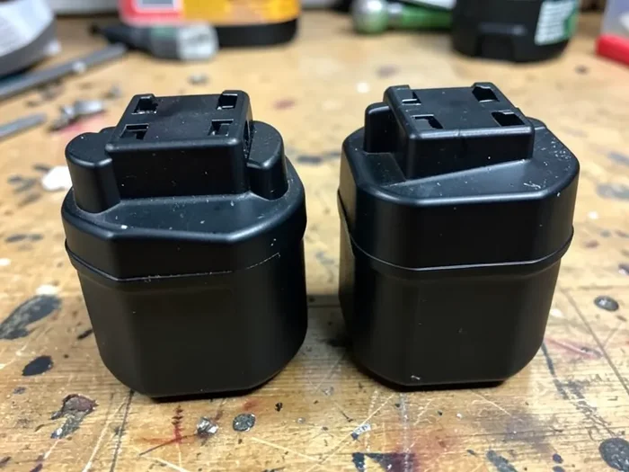 A 12V MAX battery pack next to a 20V MAX battery pack showing the size difference