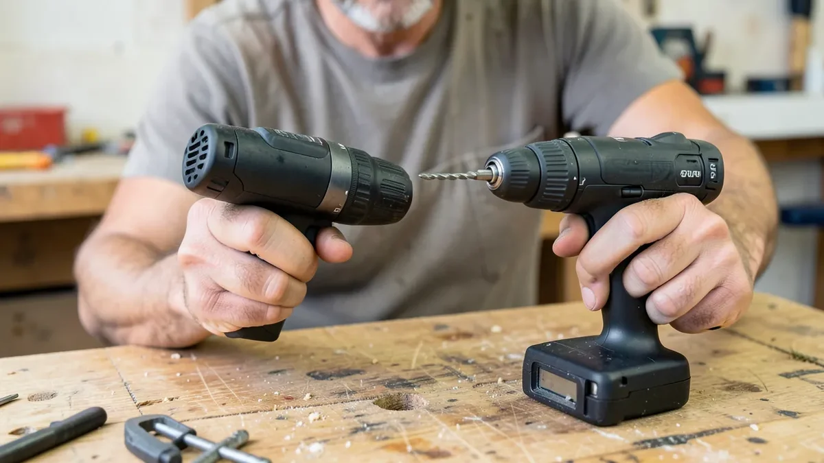 Comparing a compact 12V drill and a larger 20V drill side by side