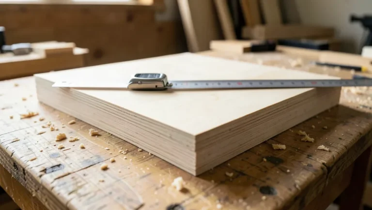 Stack of plywood sheets on a workbench with a tape measure across the top, showing the layered veneer edge