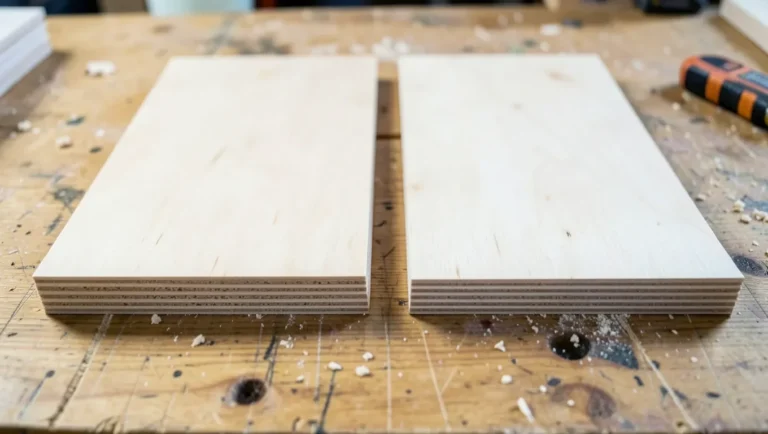 3-ply and 4-ply plywood sheets compared side by side on a workbench, showing edge layer differences