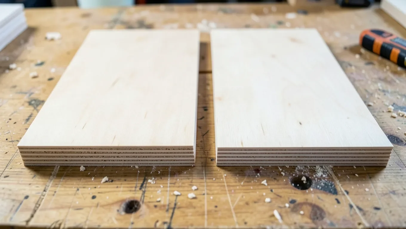3-ply and 4-ply plywood sheets compared side by side on a workbench, showing edge layer differences