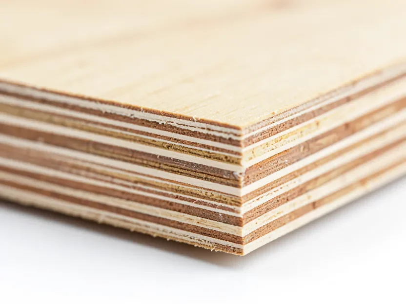 Macro close-up of a plywood edge showing multiple thin glued veneer layers, illustrating the difference between 3-ply and 4-ply construction