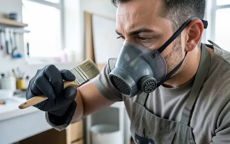 Person wearing a respirator and nitrile gloves applying oil-based primer in a ventilated workshop Person wearing a respirator and nitrile gloves applying oil-based primer in a ventilated workshop