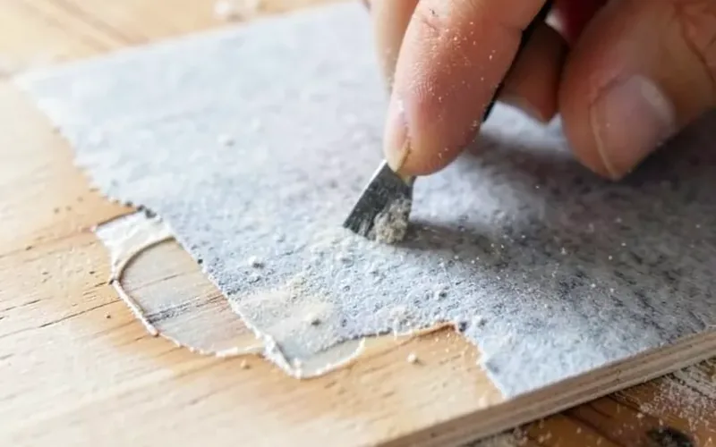 Scuff-sanding a cured epoxy wood repair patch with sandpaper before priming Scuff-sanding a cured epoxy wood repair patch with sandpaper before priming