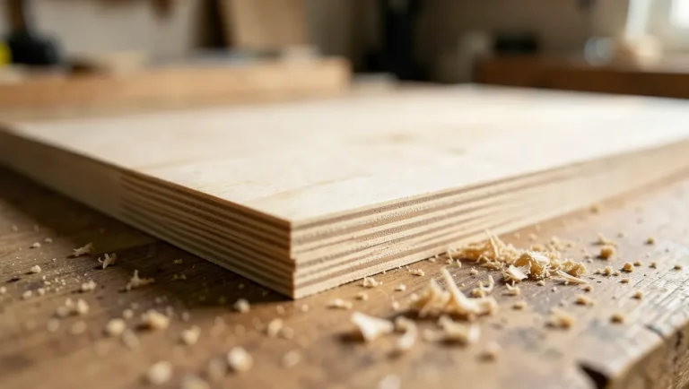 Close-up edge view of thin plywood sheets showing layered veneer, used to compare 5mm and 1/4 inch plywood thickness