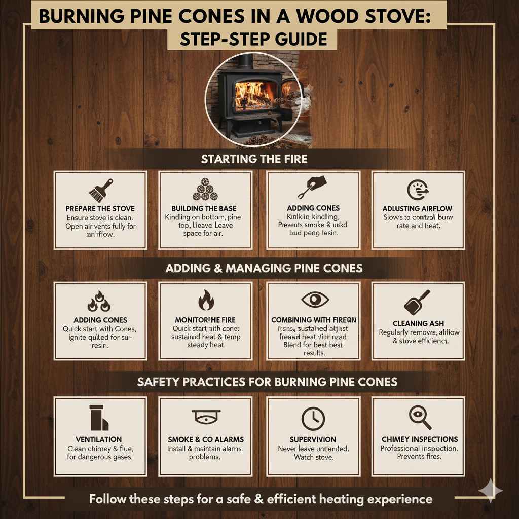 Burning Pine Cones in a Wood Stove