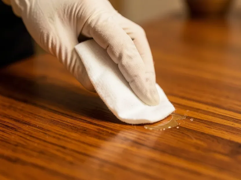 Gloved hand dabbing solvent-soaked cotton pad on a dried glue spot on finished wood