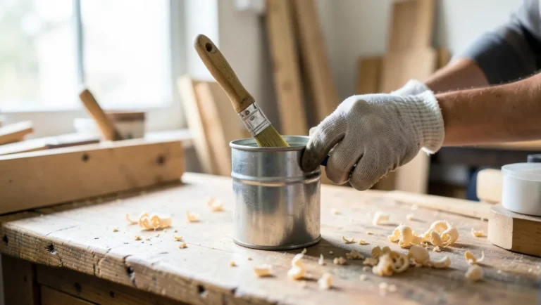 Cleaning a paintbrush in solvent on a woodworking workbench