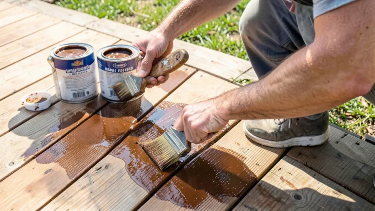 Applying rich brown wood deck stain with a brush outdoors, paint cans nearby