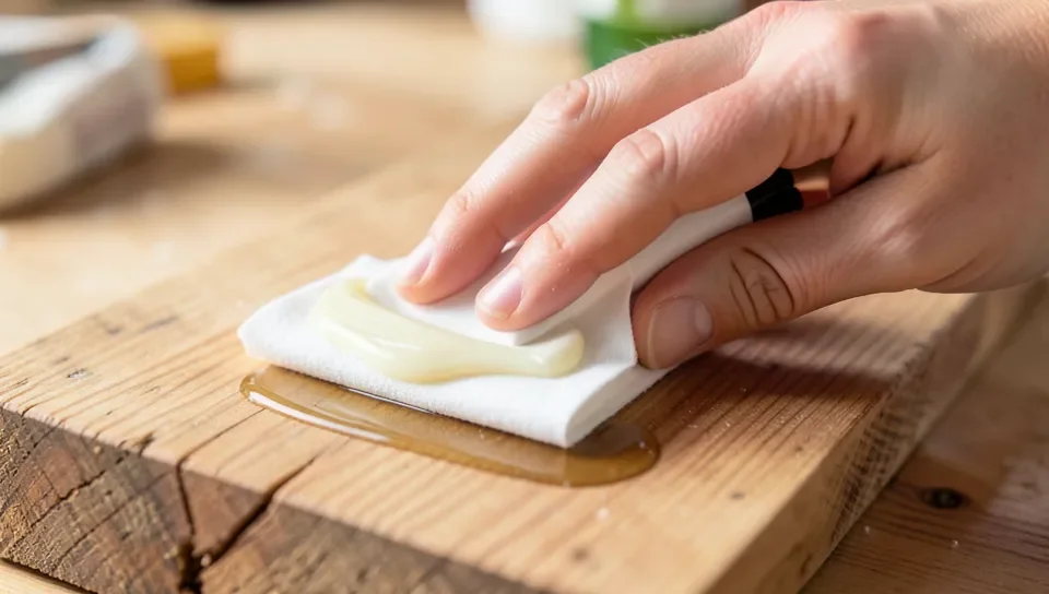 Applying hardwax oil to raw wood with a white applicator pad
