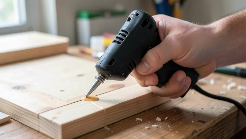 Applying hot glue to a wood craft project