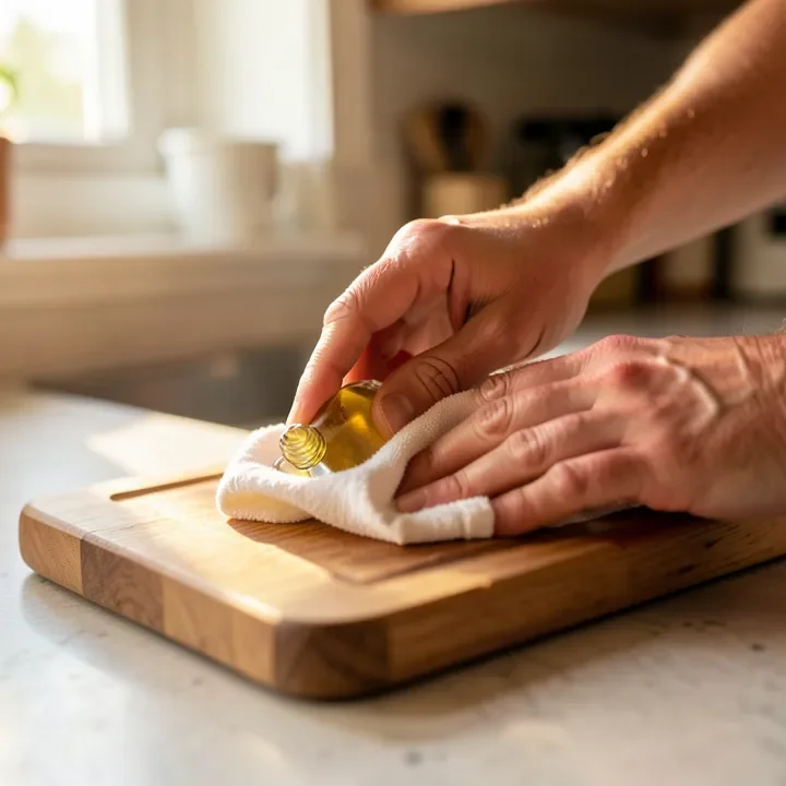 Hands applying food-grade mineral oil to a wood cutting board with a soft cloth