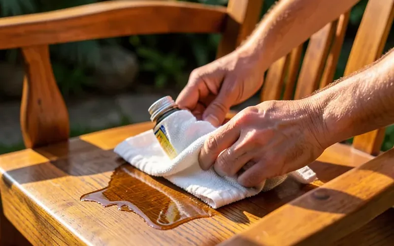 applying teak oil with a cloth to an outdoor teak wood chair applying teak oil with a cloth to an outdoor teak wood chair