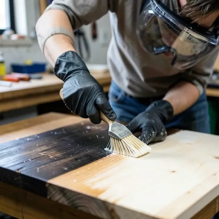 Applying two-part wood bleach with a brush, half the wood dark and half bleached light