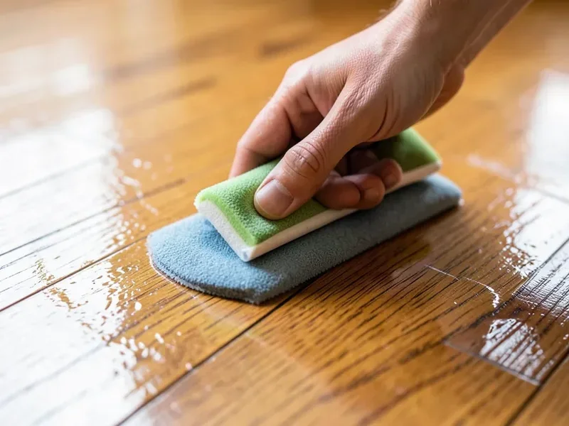 Hand applying clear wood floor finish with an applicator pad