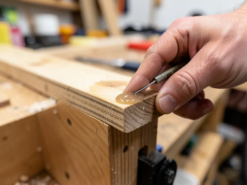 Applying a bead of wood glue to a board edge before clamping