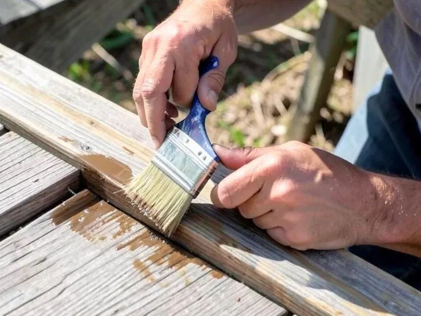 Hands applying wood sealant with a paintbrush to an outdoor deck board