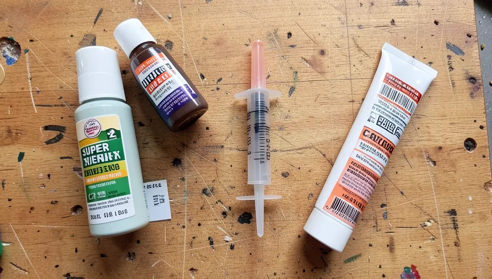 Assorted glue types including wood glue, super glue, epoxy, and construction adhesive