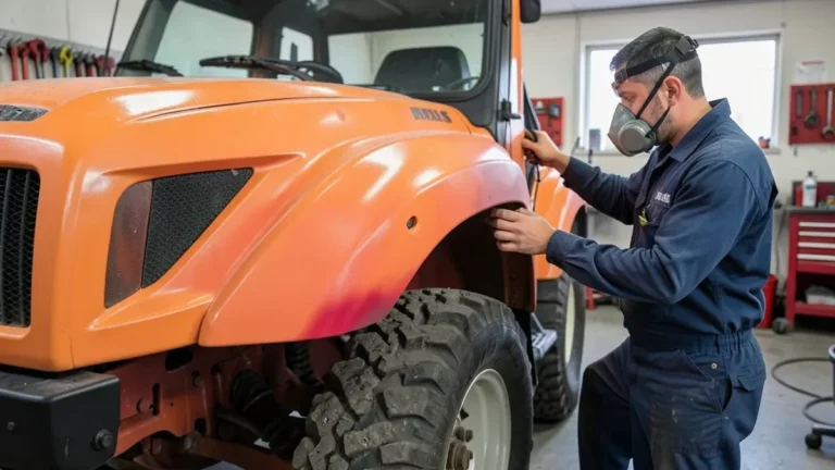 Person in respirator mask spray painting an ATV fender red-orange in a garage