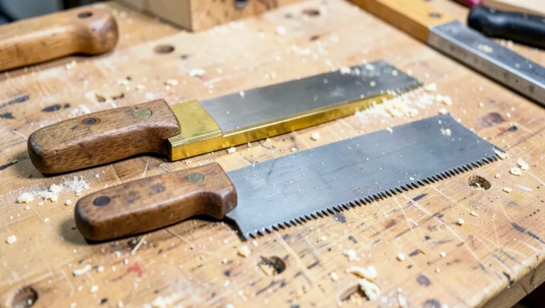A back saw and a tenon saw side by side on a workbench
