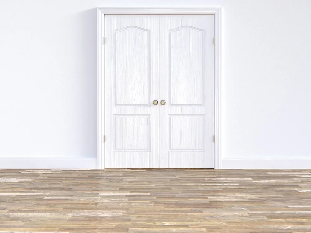 Painted white baseboard and door casing above a wood plank floor