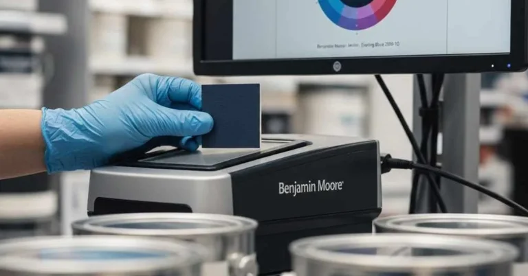 technician scanning a Benjamin Moore paint chip on a color-matching spectrophotometer next to paint