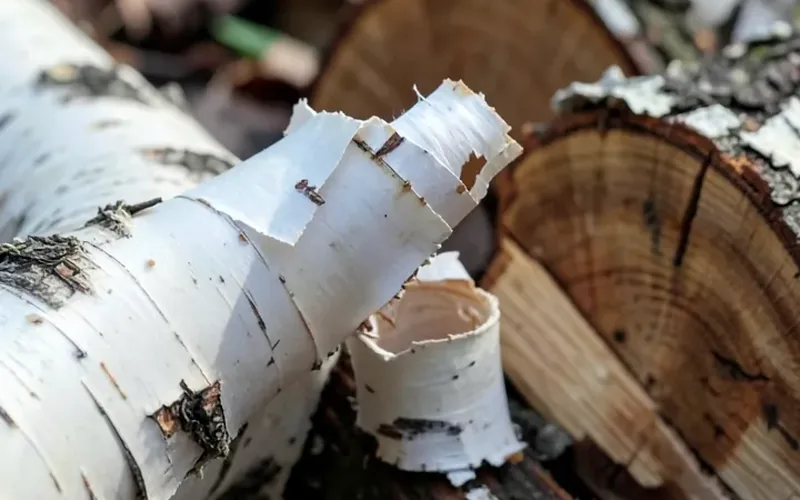 Curled papery birch bark used as fire-starting kindling next to split logs Curled papery birch bark used as fire-starting kindling next to split logs