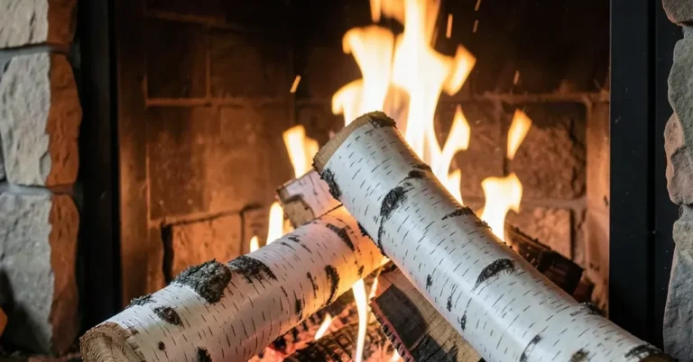 Birch logs with white bark burning in a stone fireplace