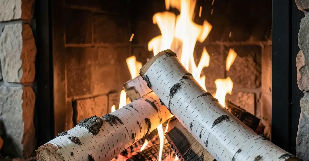 Birch logs with white bark burning in a stone fireplace