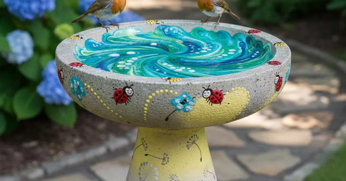 Painted bird bath with a blue and green swirl design and ladybug accents in a garden