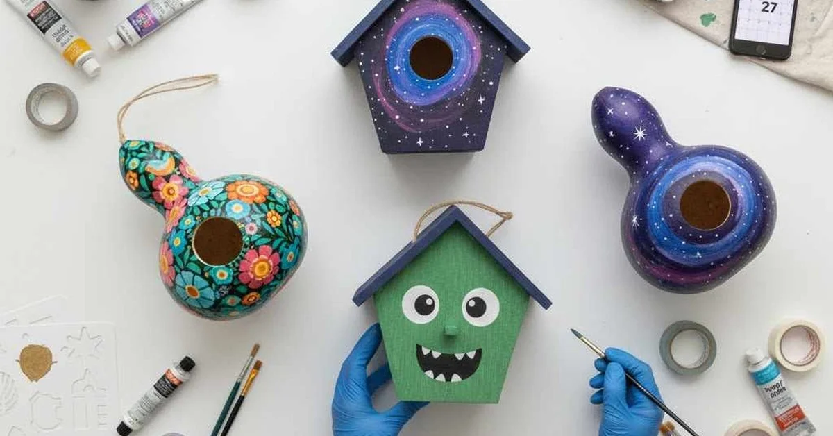 Hand-painted birdhouses in muted safe colors ready for nesting birds